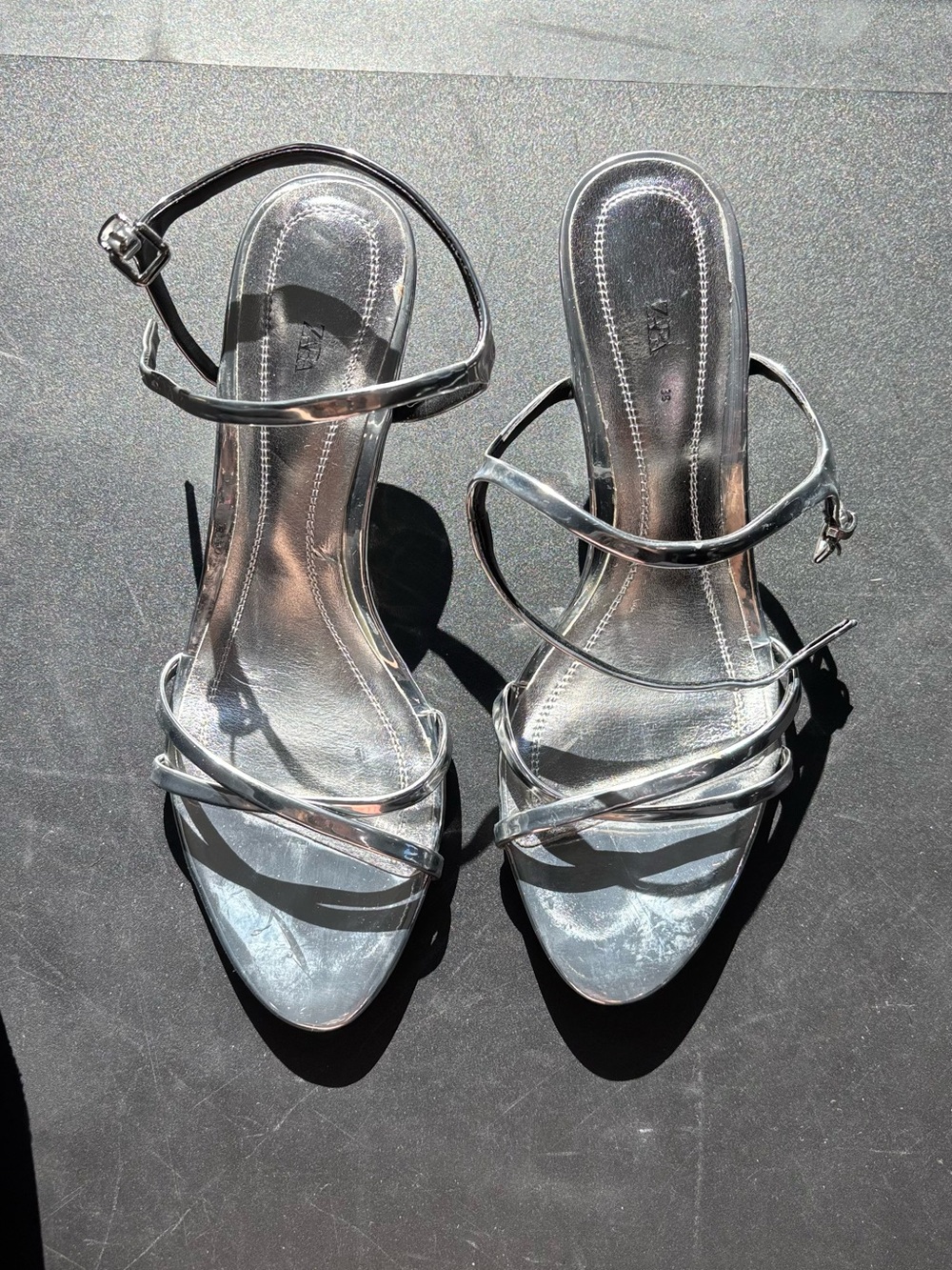 Zara Silver Strappy Metallic Heeled Sandals